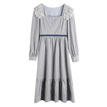 COIGARSAM Nėriniai Moterų suknelė Aikštėje Apykaklės Suknelės Seklių Blue Ash Y1205