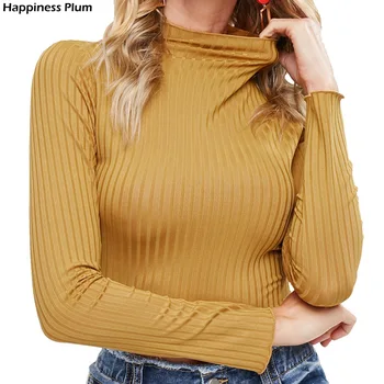 2020 m. Rudens Žiemos Nauji Megztiniai Megztinis Moterims ilgomis Rankovėmis Kietas marškinėliai Viršuje Moterų Pusė, Aukštos Apykaklės, Elegantiškas Tee Trumpi Marškinėliai