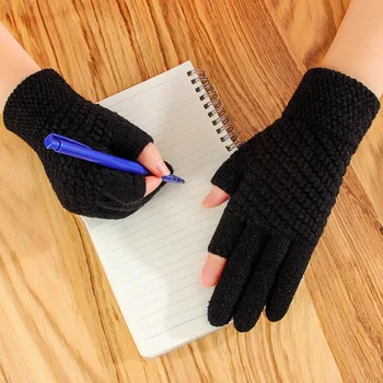 Moterų žiemos šiltos pirštinės, storas megzti vilnoniai verpalai, dingusių dviejų pirštų rašyti išmokti žaisti su mobiliuoju telefonu rašyti pirštinės