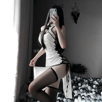 Retro Cheongsam Nightgowns Moteris Didelės Atviros Šakių Cosplay Kostiumų Erotika Anime Seksualus Apatinis Trikotažas Nėrinių Suknelė Przybornik Išgalvotas Slim Vienodas
