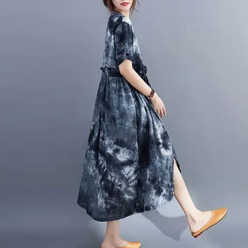Moterų Kaklaraištis Dažų Vintage Suknelė trumpomis Rankovėmis Lino Vasaros Sundress Retro Plus Size korėjos Medvilnės Laisvas Ilgas Sukneles 4XL 5XL 6XL 2020 m.