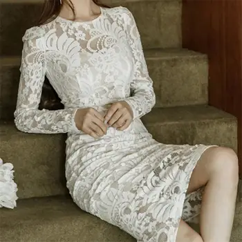 Mados Balta Nėrinių Suknelės Moterims Drabužių Elegantiškas Plonas Ilgomis Rankovėmis Tuščiaviduriai Iš Šalies Suknelė Moterų Vestidos Vientisos Spalvos Q3443