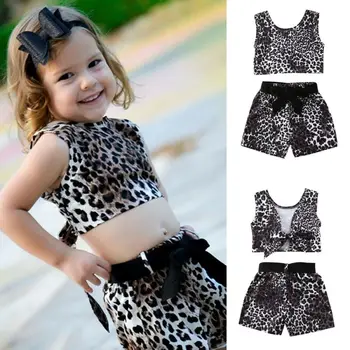 Bamblys Vaikams Baby Girl Kūdikių Drabužiai Leopard Print T-shirt Berankovė Liemenė Viršūnių Lankas Šortai Apranga