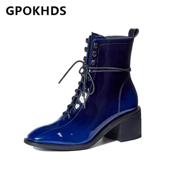 GPOKHDS 2021 moterų batai Lakinės Odos Žiemos trumpas pliušinis Suapvalinti Tne Metalo Apdaila Zip Aukšti kulniukai moterų batai dydis 42