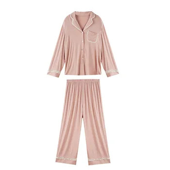 2020 m. Rudenį Pižama Moterų Ilgas Rankovėmis Pižamos Kietas Modalinis Turn-žemyn Apykaklės Sleepwear Mielas Nėriniai Moterų Dviejų dalių Pijama Mujer