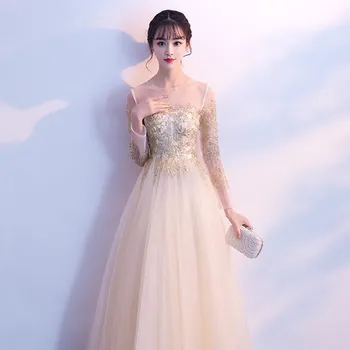 Tai Yiiya Vakare Gown-Line Siuvinėjimo O-Kaklo, ilgomis Rankovėmis vakarinę Suknelę Krepo Grindų Ilgis Plius Dydžio vakarinę Suknelę 2020 K187
