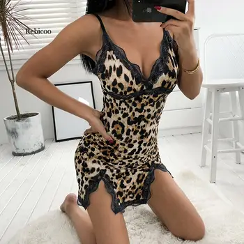 Sexy Hot Moterų Leopardas Spausdinti Nėrinių Naktį Suknelė Moteriškas Apatinis Trikotažas V Kaklo Naktį Suknelė Vasaros Sleepwear Spageti Dirželis Nighty Miego Drabužiai