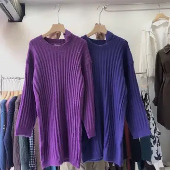 2020 m. Žiemos crewneck ilgai Megztiniai moterims, Gryna Spalva Atsitiktinis Mados Elegantiškas storas megztas megztinis, komplektai, megztiniai suknelė