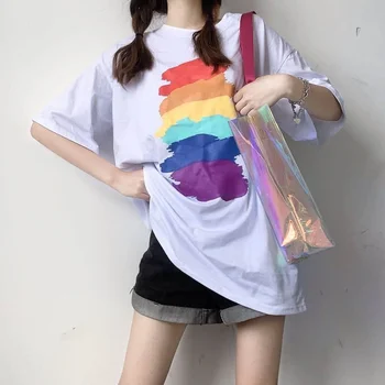 T-shirt Vyrams Ir Moterims Japonijos Vaivorykštė Grafiti Spausdinti Vasaros 2021 Naujas Prarasti Studentų Universalus BF trumpomis Rankovėmis Plius Mados