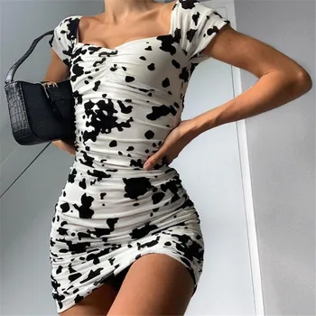 Vasaros Seksualus, Juodos ir Baltos Karvės Spausdinti Saldus Mini Suknelė Moterims 2020 Mados Bžūp Rankovėmis Bodycon Minkštas Kokybės Trumpą Suknelę Clubwear