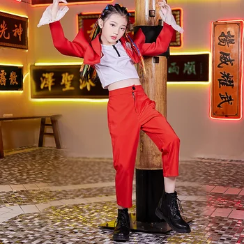 Nauja Vaikų Hip-Hop Šokio Kostiumai Raudona Kinų Stiliaus Kostiumas Mergaitėms, Jazz Našumo Drabužiai Vaikams Šiuolaikinio Šokio Scenoje Dėvėti 120-170