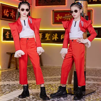 Nauja Vaikų Hip-Hop Šokio Kostiumai Raudona Kinų Stiliaus Kostiumas Mergaitėms, Jazz Našumo Drabužiai Vaikams Šiuolaikinio Šokio Scenoje Dėvėti 120-170
