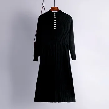 Korėjos Ilgas Prašmatnus Trikotažo Maxi Moterų Suknelė Storas Šiltas Žiemą Atsitiktinis Midi Suknelė Golfo Office Lady