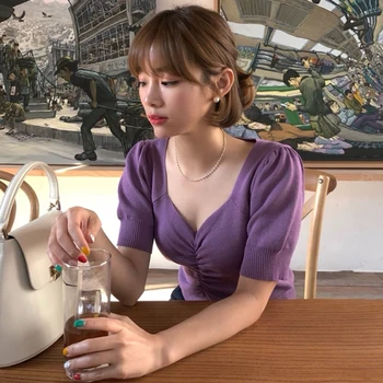 Korėjos vasaros retro V-kaklo, plisuotos burbulas rankovėmis megztinis trumpomis rankovėmis T-shirt Atsitiktinis, Kietas Medvilnės