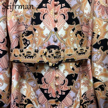 Seifrmann Rudenį Moterų Mados Dizaineris Šalies Midi Suknelė Varčias Žibintų Rankovės Derliaus Spausdinti Elegantiškas Ponios A-line Dresses
