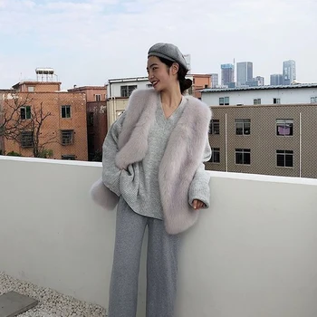 HSTAR 2020 m. Žiemos Naujas Modelis Laukinių Aukštos imitacija fox fur Susiuvimo Slim Šilta Liemenė, Moterų Berankovis Apvalios Apykaklės Laisvalaikio Stilius