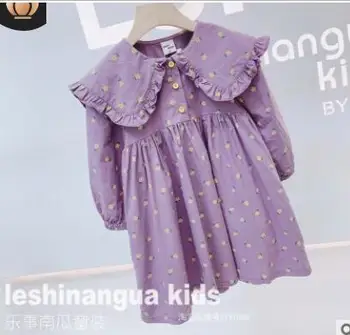 Vaikų drabužiai Nauji rudenį 2020 mažų geltonų gėlių margumynas frilled atvartas ilgomis rankovėmis suknelė