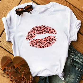 LUSLOS Mados Naujų Vasaros Moterų Marškinėliai Raudoni Lūpų Spausdinti Hipster Femme 