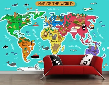 Custom papel DE parede infantil, animacinių filmų pasaulyje žemėlapį, freskomis berniukų ir mergaičių, vaikų kambario, miegamojo foną