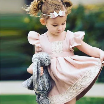 Merginos Short-Sleeve Dress Sping Vasaros Baby Girl Princesė Siūlės Nėrinių Skristi Rankovės Šviesiai Rausvos Suknelės, Skirta 2-6 Metų