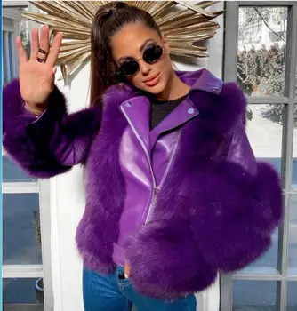 Ponios Nekilnojamojo Fox Fur Coat, Mados Dizainas, Avikailio Storio Moterų Žiemos Striukės Spalvotų Motociklą Kietas Outwear