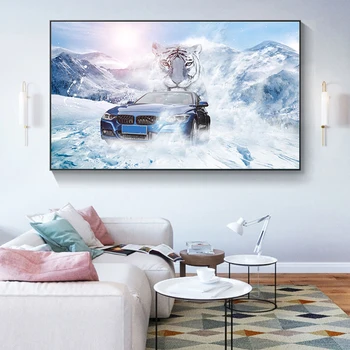 Šiuolaikinio Abstraktaus Sniego Kalnų Tigras Mėlynas Sportinis Automobilis, Plakatų ir grafikos Drobės, Paveikslai, Sienos Menas Nuotraukas Kambarį Dekoro