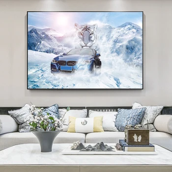Šiuolaikinio Abstraktaus Sniego Kalnų Tigras Mėlynas Sportinis Automobilis, Plakatų ir grafikos Drobės, Paveikslai, Sienos Menas Nuotraukas Kambarį Dekoro