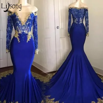 Elegantiškas Royal Blue Undinė Prom Dresses Su Pilna Rankovėmis 2018 Sexy Ilga Nėrinių Prom Chalatai Zawalcowany Aso Ebi Nigerija Oficialų Suknelė