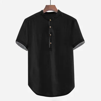 Vyriški vientisos spalvos medvilnės ir lino mygtuką viršūnes prarasti medvilnės patalynė trumpas rankovės mygtukus plius dydis marškinėliai topai футболка 40*