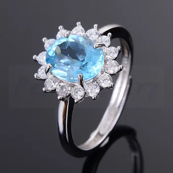 Natūralių autentiškų mėlynas topazas klasikinis žiedas Nemokamas pristatymas 925 sterlingas sidabro 6*8mm 1.6 ct brangakmenio #X991817