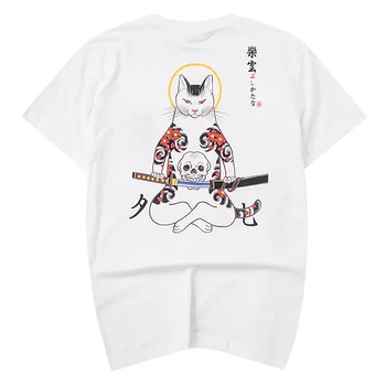 Japonijos Streetwear Harajuku Stilius Samurajus Katė Siuvinėjimo Tshirts Vyrų Hip-Hop trumparankoviai marškinėliai Jaunimo Banga Prekės Tees 2020 m.