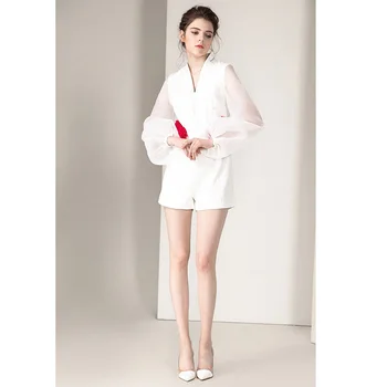 Raudonos gėlės appliques balta jumpsuit playsuit perdėti žibintų ilgomis rankovėmis v-kaklo, trumpas jumpsuit darbo drabužiai moterims, elegantiškas