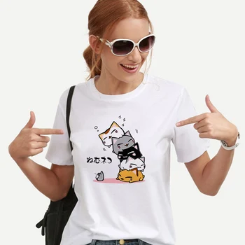 Kawaii Katė marškinėliai Moterims Juokingas Animacinių filmų Spausdinti Marškinėlius Harajuku Grafinis T-shirt Vasaros Trumpas Rankovės Mados Viršų Tee Moteris