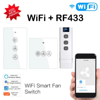 Wifi bevielio ryšio smart 1/3 kanalo greičio kontrolės ventiliatoriaus jungiklis su RF nuotolinio valdymo funkcija suderinama alexa, google 433mhz tuya app