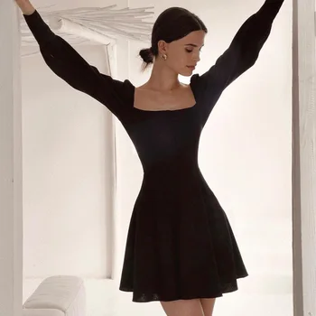 Rudens Žiemos Dress 2021 Nauja Tendencija Juodosios Ponios prancūzijos Šviesą Sluoksniuotos Rankovėmis Kvadratinių Kaklo, Juosmens-line Sijonas Mielas Moterų Suknelė