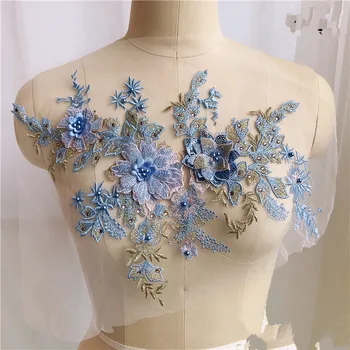 Mėlyna gėlė zawalcowany siuvinėjimo nėrinių audinio pleistras vakaro aprangos Siuvimo ir Moterų drabužių aplikacijos priedai pasidaryk pats apdailos