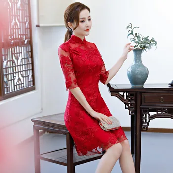 U-PRISIEKIU 2020 Naują Atvykimo Moterų Kinų Stiliaus Bridemaid Suknelė Floros Siuvinėjimo Nėrinių Aukšto Juosmens Pusė Rankovės Bridesmaid Dresses