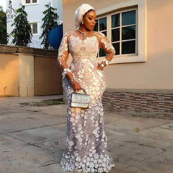 Aso Ebi Nigerijos Undinė Oficialią Vakaro Suknelė ilgomis Rankovėmis Nėrinių Appliqued Elegantiška Prom Dresses Plius Dydis 2019 Chalatas de soiree