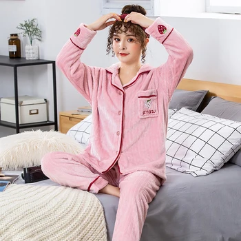 Nauja Moterų Koralų aksomo Sleepwear Pižama Nustatyti Žiemą Laikyti Šiltai Pižamos Kostiumas 2vnt naktiniai drabužiai Patogūs Atsitiktinis naktiniai drabužiai