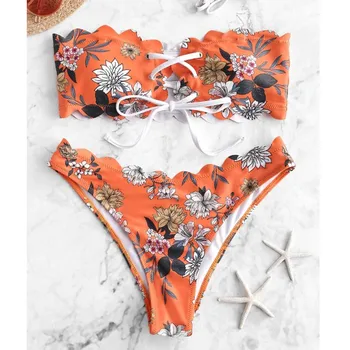 Stebėjimo Bikini 2021 Moteris Gniūžtės Gabalas maudymosi kostiumėlį, Maudymosi kostiumai Seksualus Off Peties Bikini Nustatyti Moterų maudymosi Kostiumėliai Gėlių Spausdinti Push up Bikinis