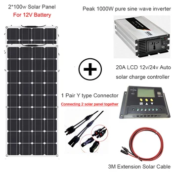 2*100W saulės sistemos Lanksčias Saulės Skydelis 1000w 20A LCD 12V/24V Valdytojas Viršįtampių 1000W Pure Sine Wave Inverteriai saulės baterija
