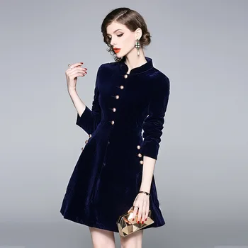 Rudenį ir žiemą švarkelis suknelė nauja mados Audrey Hepburn stovėti apykaklės single-breasted blue velvet tranšėjos striukė suknelė