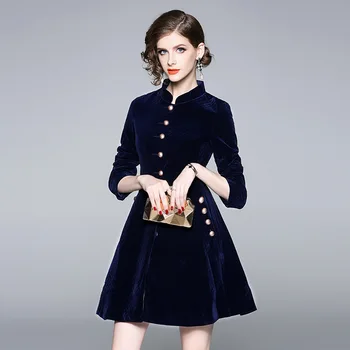 Rudenį ir žiemą švarkelis suknelė nauja mados Audrey Hepburn stovėti apykaklės single-breasted blue velvet tranšėjos striukė suknelė
