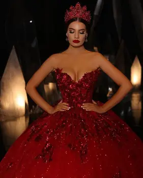 2019 Modernus Dizainas, Raudonas Kamuolys Suknelė Gotika Raudona Vestuvių Suknelės, Brangioji 3D Gėlės, Vestuvinės Suknelės Lady Maskuotis Šalis Nešioti