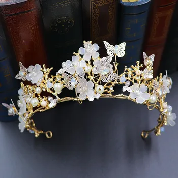 Baroko Crystal Butterfly Gėlių Pearl Princess Crown Moterų Vestuvių Nuotakos Diadem Rožančiai Vinjetė Apdangalai, Plaukų Papuošalai