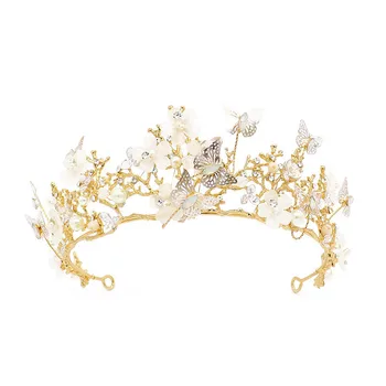 Baroko Crystal Butterfly Gėlių Pearl Princess Crown Moterų Vestuvių Nuotakos Diadem Rožančiai Vinjetė Apdangalai, Plaukų Papuošalai