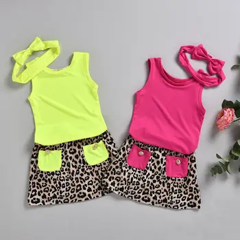 3PCS Vasaros Naujagimių Bamblys Vaikas Baby Girl Liemenė Marškinėliai Topai Leopard Sijonai galvos Apdangalai Sunsuit Mergaičių Drabužių Rinkinys