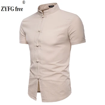 Vyriški 2018 atsitiktinis trumpas rankovėmis marškinėliai vasaros Skalbiniai, Medvilnė, Sumaišytus kieto spalvų Stiliaus Kinijos stovėti kaklo Marškinėliai vyrams ES didelio dydžio