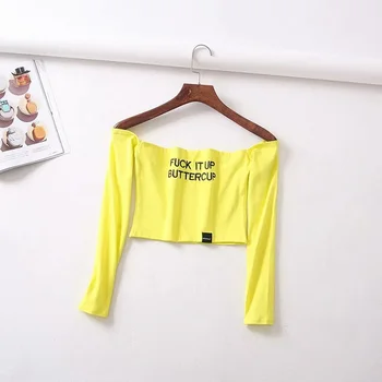 Seksualus Europos Off peties moterys vasarą pasėlių viršuje Lettre spausdinti ilgomis Rankovėmis ponios geltona trumpi marškinėliai Drabužių 2019
