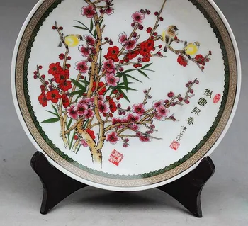 Exquisito chino hecho a mano familia arcaica Rosa kinija placa pintada con pájaros y flores n. ° 3
